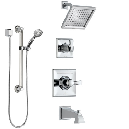 Delta Dryden Chrome Finish Tub and Shower System with Control Handle, 3-Setting Diverter, Showerhead, and Hand Shower with Grab Bar SS1445123