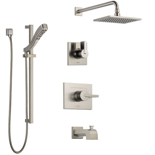Delta Vero Stainless Steel Finish Tub and Shower System with Control Handle, 3-Setting Diverter, Showerhead, and Hand Shower with Slidebar SS144531SS6