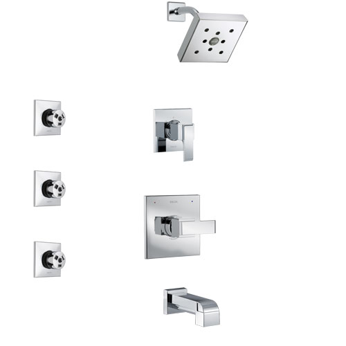 Delta Ara Chrome Finish Tub and Shower System with Control Handle, 3-Setting Diverter, Showerhead, and 3 Body Sprays SS144672