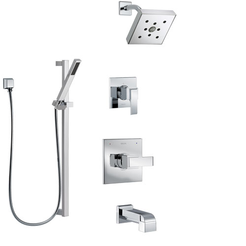 Delta Ara Chrome Finish Tub and Shower System with Control Handle, 3-Setting Diverter, Showerhead, and Hand Shower with Slidebar SS144674