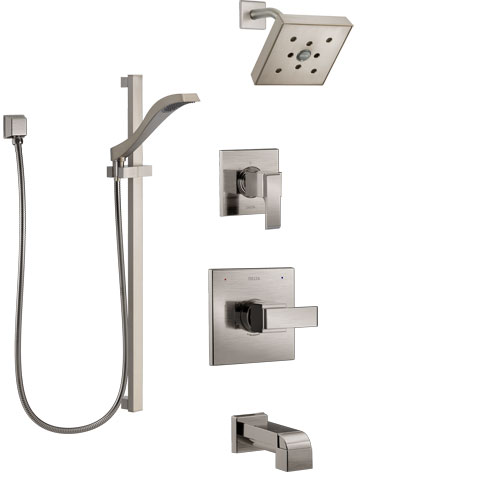 Delta Ara Stainless Steel Finish Tub and Shower System with Control Handle, 3-Setting Diverter, Showerhead, and Hand Shower with Slidebar SS14467SS4