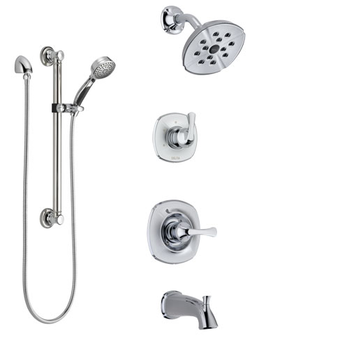 Delta Addison Chrome Finish Tub and Shower System with Control Handle, 3-Setting Diverter, Showerhead, and Hand Shower with Grab Bar SS144923