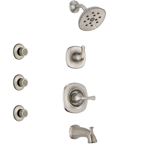 Delta Addison Stainless Steel Finish Tub and Shower System with Control Handle, 3-Setting Diverter, Showerhead, and 3 Body Sprays SS14492SS2