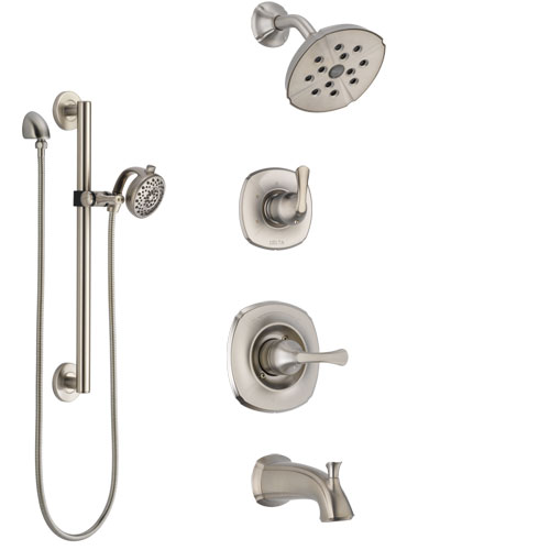 Delta Addison Stainless Steel Finish Tub and Shower System with Control Handle, Diverter, Showerhead, and Hand Shower with Grab Bar SS14492SS4