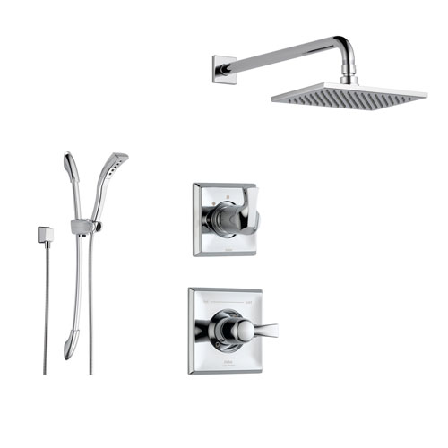 Delta Dryden Chrome Shower System with Normal Shower Handle, 3-setting Diverter, Large Square Showerhead, and Hand Held Shower SS145183