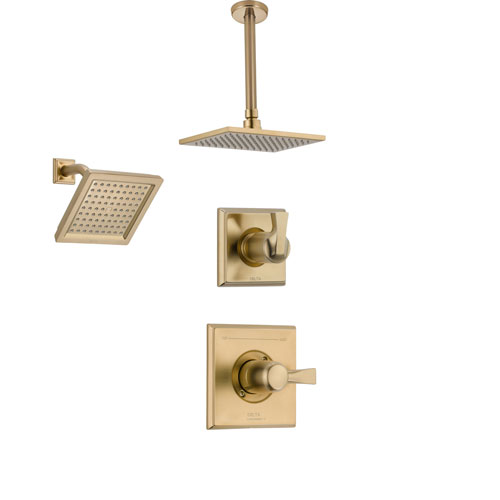 Delta Dryden Champagne Bronze Shower System with Normal Shower Handle, 3-setting Diverter, Large Square Ceiling Mount Showerhead, and Wall Mount Showerhead SS145184CZ