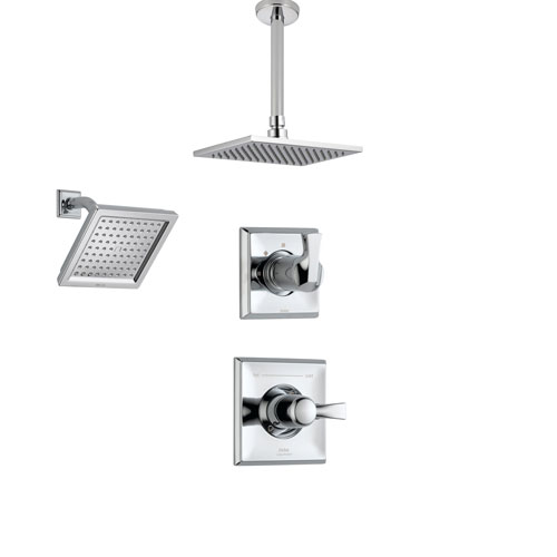 Delta Dryden Chrome Shower System with Normal Shower Handle, 3-setting Diverter, Large Square Ceiling Mount Showerhead, and Wall Mount Showerhead SS145184