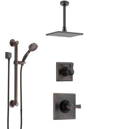 Delta Dryden Venetian Bronze Shower System with Control Handle, 3-Setting Diverter, Ceiling Mount Showerhead, and Hand Shower with Grab Bar SS1451RB1