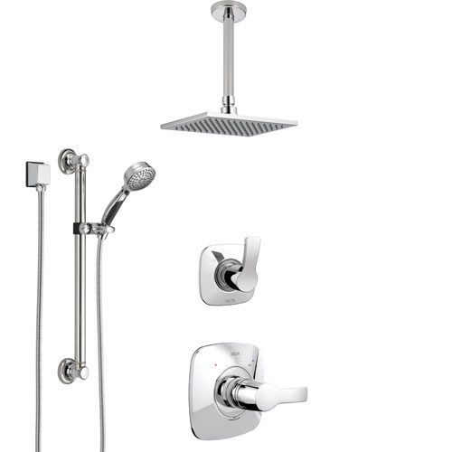 Delta Tesla Chrome Finish Shower System with Control Handle, 3-Setting Diverter, Ceiling Mount Showerhead, and Hand Shower with Grab Bar SS14521
