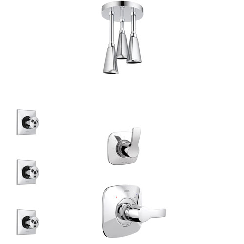 Delta Tesla Chrome Finish Shower System with Control Handle, 3-Setting Diverter, Ceiling Mount Showerhead, and 3 Body Sprays SS14524
