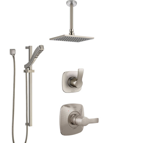 Delta Tesla Stainless Steel Finish Shower System with Control Handle, Diverter, Ceiling Mount Showerhead, and Hand Shower with Slidebar SS1452SS5