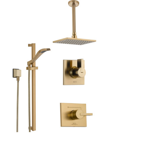 Delta Vero Champagne Bronze Shower System with Normal Shower Handle, 3-setting Diverter, Large Square Ceiling Mount Showerhead, and Handheld Spray SS145383CZ