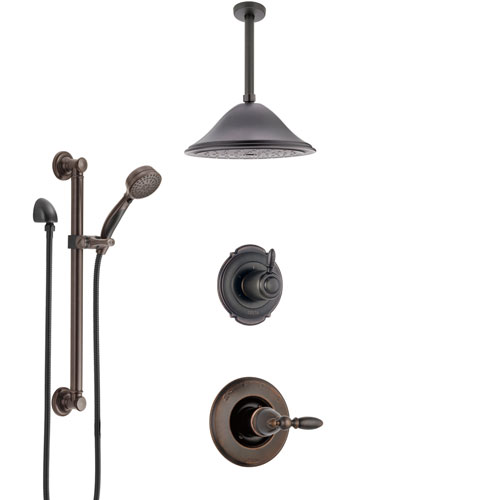 Delta Victorian Venetian Bronze Shower System with Control Handle, Diverter, Ceiling Mount Showerhead, and Hand Shower with Grab Bar SS1455RB4