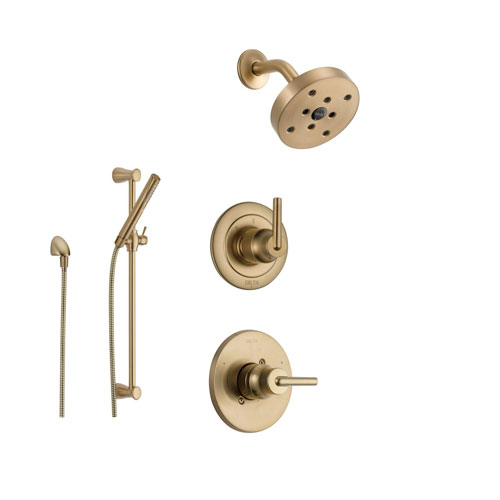 Delta Trinsic Champagne Bronze Shower System with Normal Shower Handle, 3-setting Diverter, Modern Round Showerhead, and Handheld Shower Wand SS145981CZ