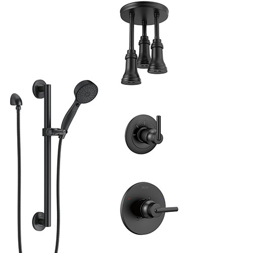 Delta Trinsic Matte Black Finish Shower System and Diverter with Triple Pendant Ceiling Mount Showerhead and Hand Sprayer with Grab Bar SS1459BL10