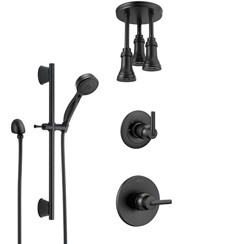 Delta Trinsic Matte Black Finish Shower System and Diverter with Triple Pendant Ceiling Mount Showerhead and Hand Sprayer with Slidebar SS1459BL11