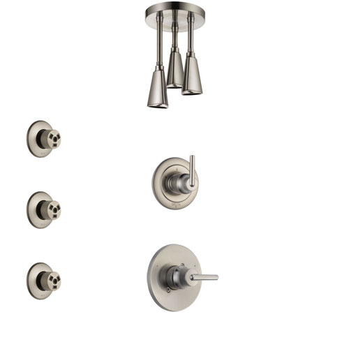 Delta Trinsic Stainless Steel Finish Shower System with Control Handle, 3-Setting Diverter, Ceiling Mount Showerhead, and 3 Body Sprays SS1459SS7
