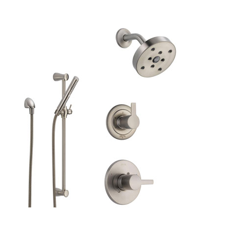 Delta Compel Stainless Steel Shower System with Normal Shower Handle, 3-setting Diverter, Modern Round Showerhead, and Handheld Shower Stick SS146184SS