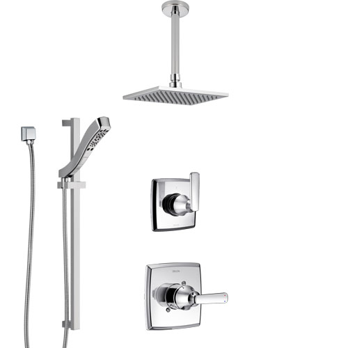 Delta Ashlyn Chrome Finish Shower System with Control Handle, 3-Setting Diverter, Ceiling Mount Showerhead, and Hand Shower with Slidebar SS14642