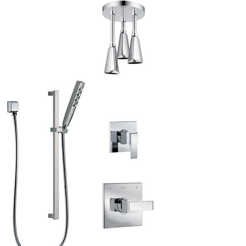 Delta Ara Chrome Finish Shower System with Control Handle, 3-Setting Diverter, Ceiling Mount Showerhead, and Hand Shower with Slidebar SS14674