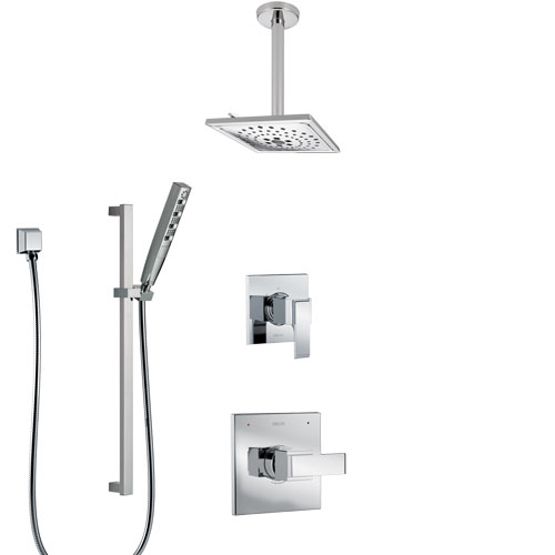 Delta Ara Chrome Finish Shower System with Control Handle, 3-Setting Diverter, Ceiling Mount Showerhead, and Hand Shower with Slidebar SS14675