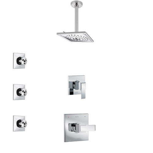 Delta Ara Chrome Finish Shower System with Control Handle, 3-Setting Diverter, Ceiling Mount Showerhead, and 3 Body Sprays SS14676