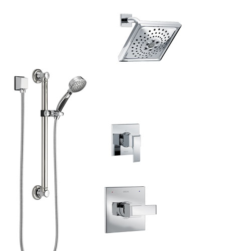 Delta Ara Chrome Finish Shower System with Control Handle, 3-Setting Diverter, Showerhead, and Hand Shower with Grab Bar SS14678