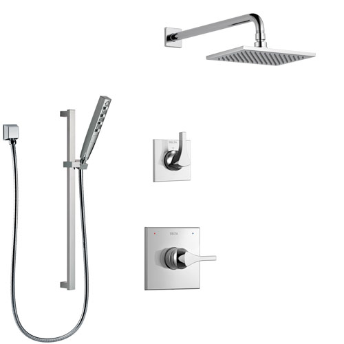 Delta Zura Chrome Finish Shower System with Control Handle, 3-Setting Diverter, Showerhead, and Hand Shower with Slidebar SS14741