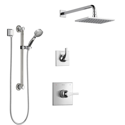 Delta Zura Chrome Finish Shower System with Control Handle, 3-Setting Diverter, Showerhead, and Hand Shower with Grab Bar SS14742