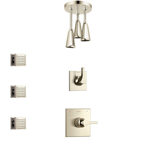 Delta Zura Polished Nickel Finish Shower System with Control Handle, 3-Setting Diverter, Ceiling Mount Showerhead, and 3 Body Sprays SS1474PN5