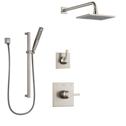 Delta Zura Stainless Steel Finish Shower System with Control Handle, 3-Setting Diverter, Showerhead, and Hand Shower with Slidebar SS1474SS2