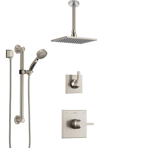 Delta Zura Stainless Steel Finish Shower System with Control Handle, Diverter, Ceiling Mount Showerhead, and Hand Shower with Grab Bar SS1474SS4
