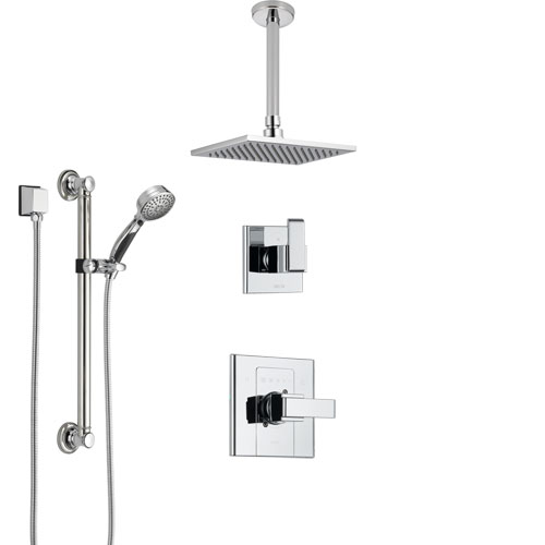 Delta Arzo Chrome Finish Shower System with Control Handle, 3-Setting Diverter, Ceiling Mount Showerhead, and Hand Shower with Grab Bar SS14861