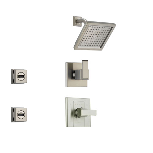 Delta Arzo Stainless Steel Shower System with Normal Shower Handle, 3-setting Diverter, Modern Square Shower Head and 2 Body Sprays SS148685SS