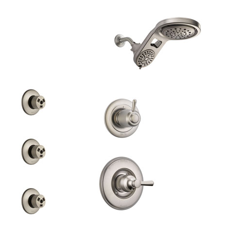 Delta Linden Stainless Steel Finish Shower System with Control Handle, 3-Setting Diverter, Dual Showerhead, and 3 Body Sprays SS1493SS4