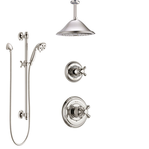 Delta Cassidy Polished Nickel Shower System with Control Handle, Diverter, Ceiling Mount Showerhead, and Hand Shower with Slidebar SS14971PN3