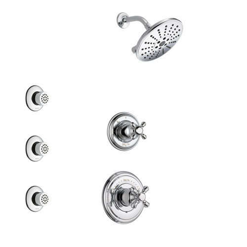 Delta Cassidy Chrome Finish Shower System with Control Handle, 3-Setting Diverter, Showerhead, and 3 Body Sprays SS149728