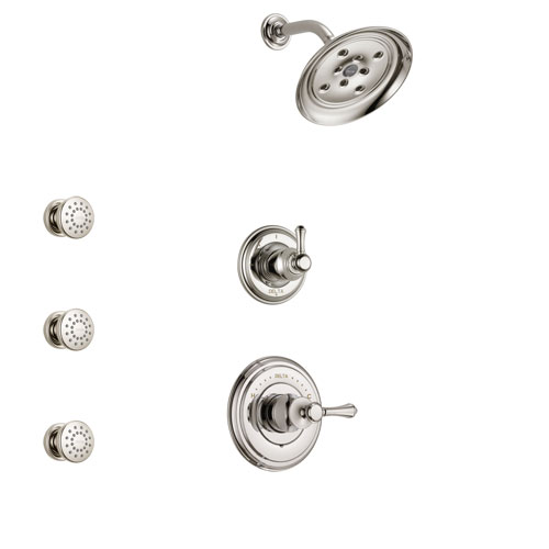 Delta Cassidy Polished Nickel Finish Shower System with Control Handle, 3-Setting Diverter, Showerhead, and 3 Body Sprays SS14972PN6