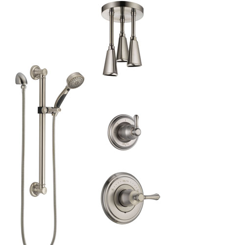 Delta Cassidy Stainless Steel Finish Shower System with Control Handle, Diverter, Ceiling Mount Showerhead, and Hand Shower with Grab Bar SS14973SS5