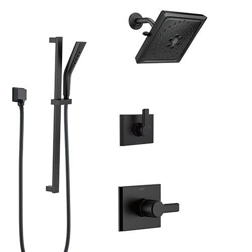Delta Pivotal Matte Black Finish Shower System and Diverter with Modern Square Multi-Setting Showerhead and Slidebar Mount Hand Sprayer SS14993BL6