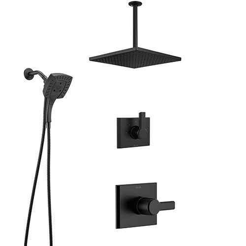 Delta Pivotal Matte Black Finish Modern Shower Faucet System with Large Square Ceiling Mount Rain Showerhead and In2ition Hand Sprayer SS14993BL9
