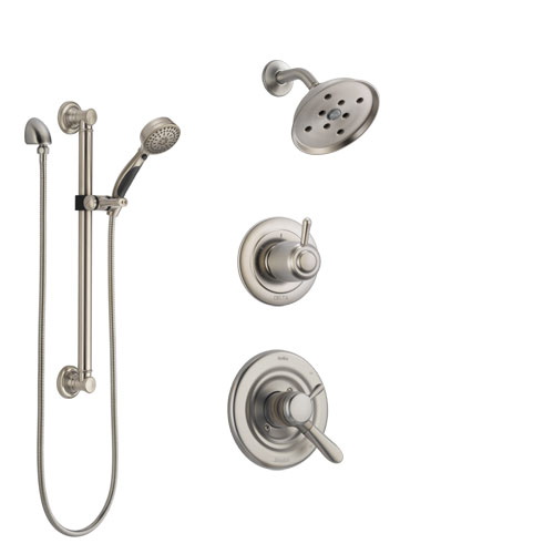 Delta Lahara Stainless Steel Finish Shower System with Dual Control Handle, 3-Setting Diverter, Showerhead, and Hand Shower with Grab Bar SS17238SS3