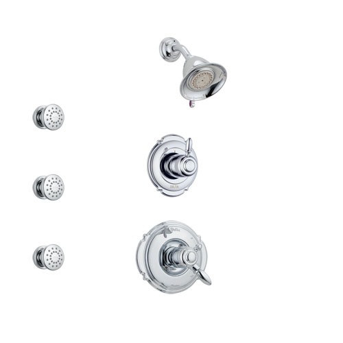 Delta Victorian Chrome Finish Shower System with Dual Control Handle, 3-Setting Diverter, Showerhead, and 3 Body Sprays SS1725511