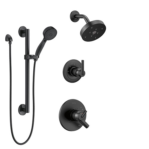 Delta Trinsic Matte Black Finish Modern Round Complete Shower Faucet System with Wall Mount Showerhead and Hand Sprayer with Grab Bar SS172593BL2