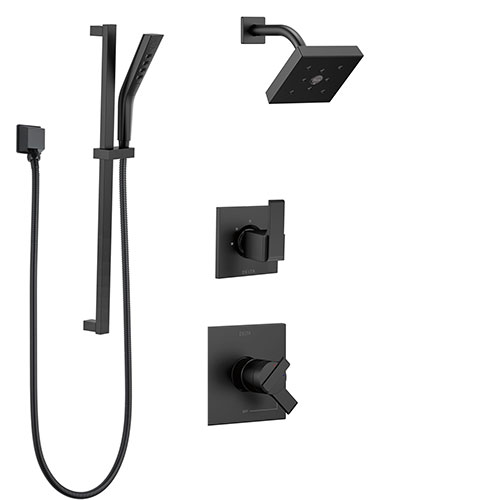 Delta Ara Matte Black Finish Modern Square 17 Series Shower System with Hand Shower with Slide Bar plus Wall Mounted Showerhead SS172673BL3