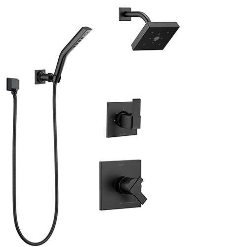 Delta Ara Matte Black Finish Modern Square 17 Series Shower System with Hand Shower with Wall Bracket plus H2Okinetic Showerhead SS172673BL4