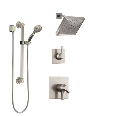 Delta Zura Stainless Steel Finish Shower System with Dual Control Handle, 3-Setting Diverter, Showerhead, and Hand Shower with Grab Bar SS17274SS3