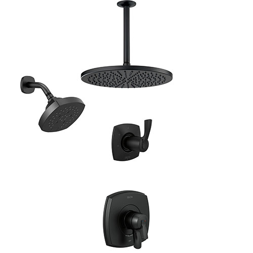 Delta Stryke Matte Black Finish 2 Control Shower System with Large Round Ceiling Mount Rain Showerhead and Multi-Setting Wall Showerhead SS172763BL1