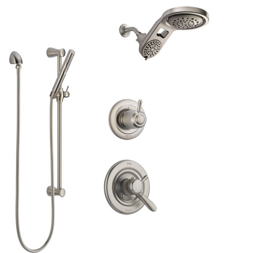 Delta Lahara Stainless Steel Finish Shower System with Dual Control Handle, Diverter, Dual Showerhead, and Hand Shower with Slidebar SS1738SS5