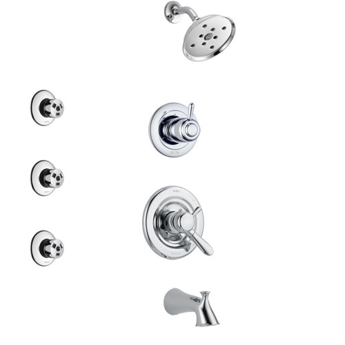 Delta Lahara Chrome Finish Tub and Shower System with Dual Control Handle, 3-Setting Diverter, Showerhead, and 3 Body Sprays SS174382